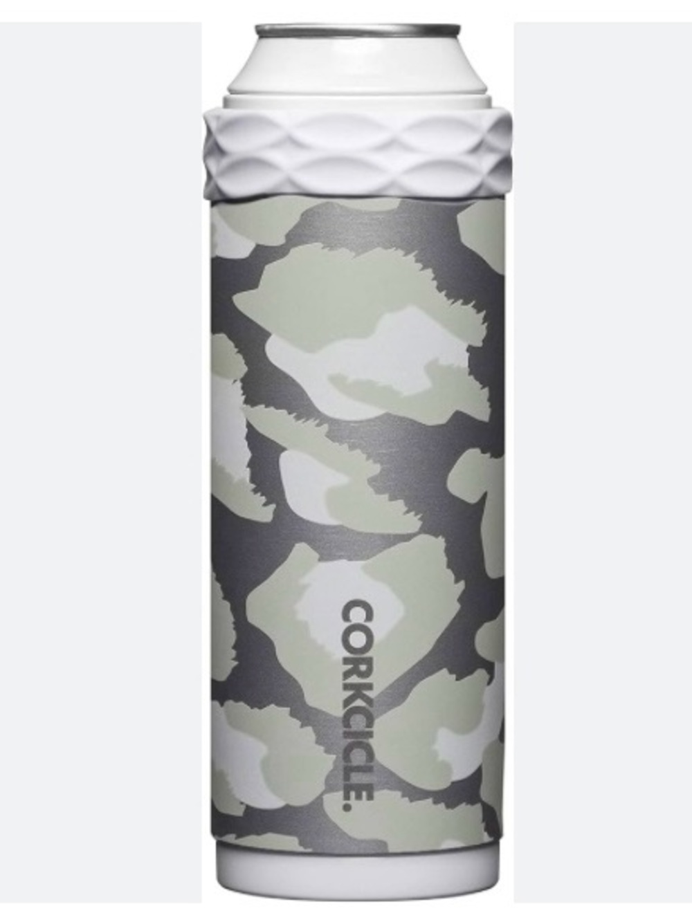 Corkcicle Snow Leopard Print Artican, Can Cooler in Metallic Silver and Olive